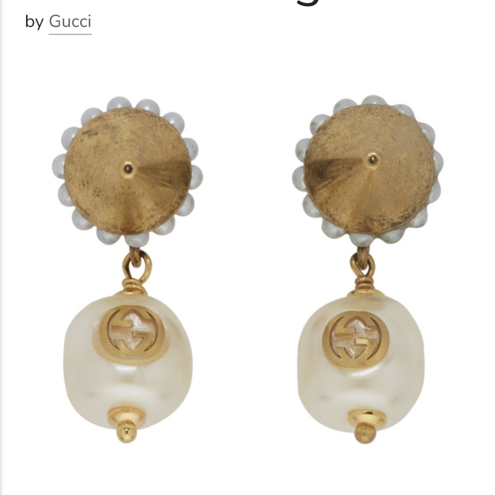 GUCCI pearl w logo inverted stud gold drop earrings - Picture 3 of 10